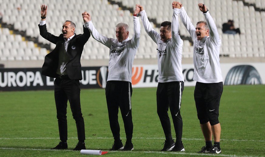 epa07151870 Eintracht Frankfurt coach Adi Huetter celebrates after the match during the UEFA Europa League Group H soccer match between Apollon Limassol FC and Eintracht Frankfurt at the GSP stadium i ...