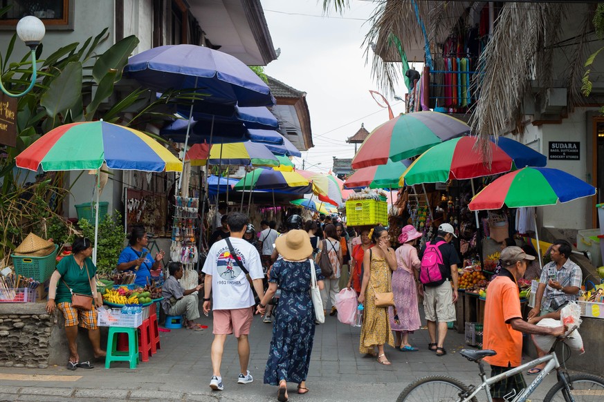 Bali, Indonesia, Sept 20, 2019 Crowded market at Ubud city colorful.