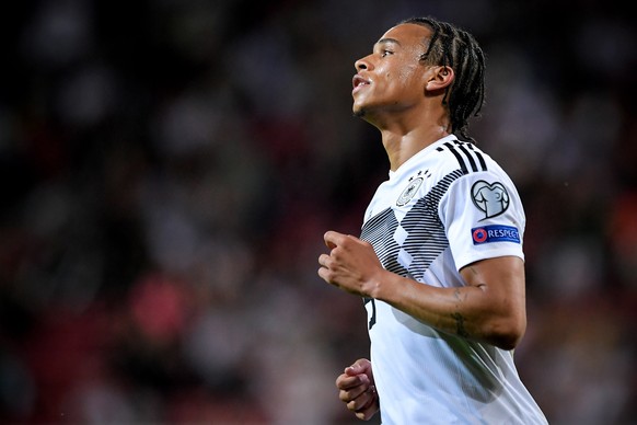 epa07642053 Germany&#039;s Leroy Sane celebrates after scoring the 8-0 during the UEFA EURO 2020 qualifying soccer match between Germany and Estonia in Mainz, Germany, 11 June 2019. EPA/SASCHA STEINBA ...