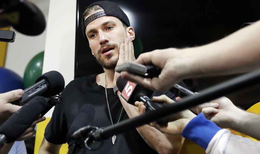 Nashville Predators defenseman and team captain Roman Josi, of Switzerland, talks about the season on Saturday, May 12, 2018, in Nashville, Tenn. The Predators were eliminated Thursday by the Winnipeg ...