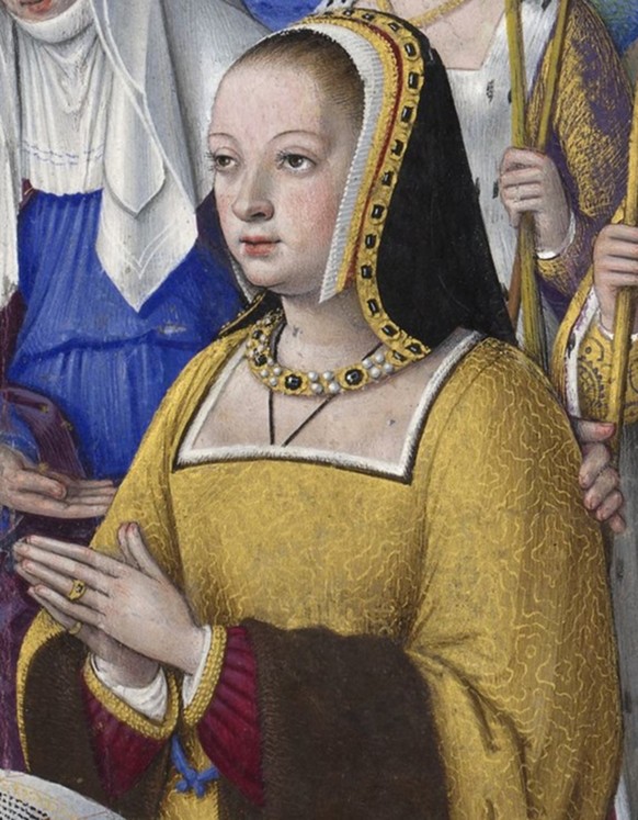 Miniatur von Anne de Bretagne, zwischen 1503 und 1508.
https://commons.wikimedia.org/wiki/File:BNF_-_Latin_9474_-_Jean_Bourdichon_-_Grandes_Heures_d%27Anne_de_Bretagne_-_f._3r_-_Anne_de_Bretagne_entre ...