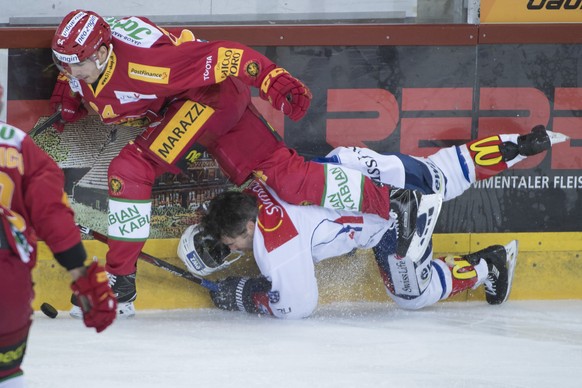 Tigers Miro Zryd, links, kaempft um den Puck, gegen Lions Ryan Shannon, rechts, waehrend dem Eishockey National League A Spiel, zwischen den SCL Tigers und den ZSC Lions, am Freitag 9. Dezember 2016 i ...