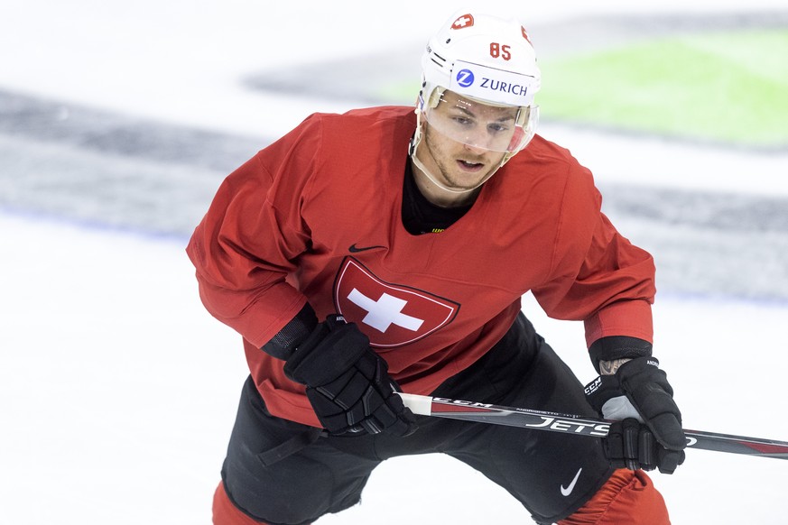 Sven Andrighetto during a training session of the Swiss team at the IIHF 2019 World Ice Hockey Championships, at the Ondrej Nepela Arena in Bratislava, Slovakia, on Sunday, May 12, 2019. (KEYSTONE/Mel ...