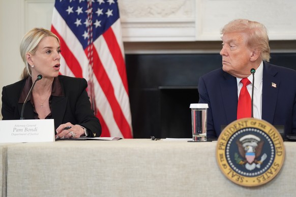 Attorney General Pam Bondi speaks during a roundtable meeting on antifa with President Donald Trump in the State Dining Room at the White House, Wednesday, Oct. 8, 2025, in Washington. (AP Photo/Evan  ...