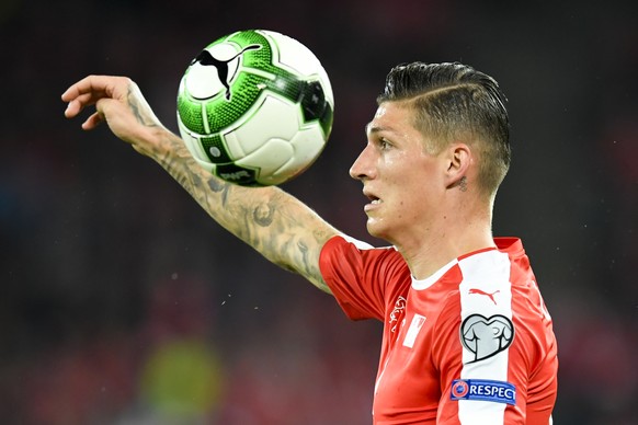 Switzerland&#039;s Steven Zuber in action during the 2018 Fifa World Cup Russia group B qualification soccer match between Switzerland and Hungary in the St. Jakob-Park stadium in Basel, Switzerland,  ...