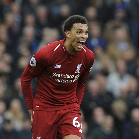 Liverpool's Trent Alexander-Arnold reacts during the English Premier League soccer match between Liverpool and Tottenham Hotspur at Anfield stadium in Liverpool, England, Sunday, March 31, 2019. ...