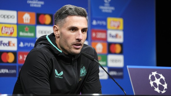 Newcastle&#039;s Fabian Schaer talks to the media at a press conference ahead of the Champions League Group F soccer match between Borussia Dortmund and Newcastle United in Dortmund, Germany, Monday,  ...
