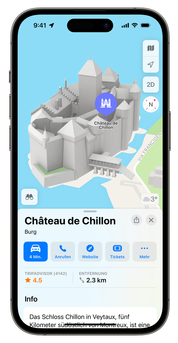 Schloss Chillon in der neuen Karten-App von Apple, die im Dezember 2022 lanciert wurde.