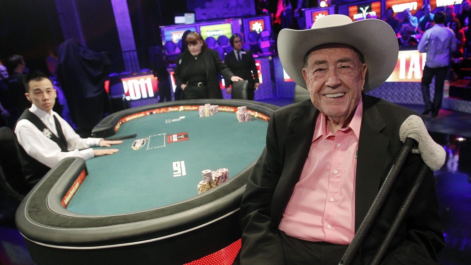 FILE - Doyle Brunson is pictured prior to play at the final table of the World Series of Poker on Nov. 8, 2011, in Las Vegas. Brunson, one of the most influential poker players of all time and a two-t ...