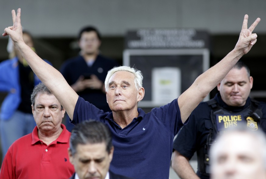 Former campaign adviser for President Donald Trump, Roger Stone walks out of the federal courthouse following a hearing, Friday, Jan. 25, 2019, in Fort Lauderdale, Fla. Stone was arrested Friday in th ...