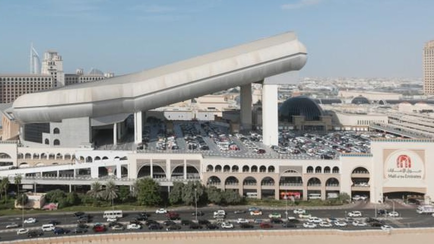 DUBAI, UAE - JANUARY 14, 2017: The sloped metal exterior of Ski Dubai, which houses an indoor ski slope, at the Mall of the Emirates in Dubai, United Arab Emirates.