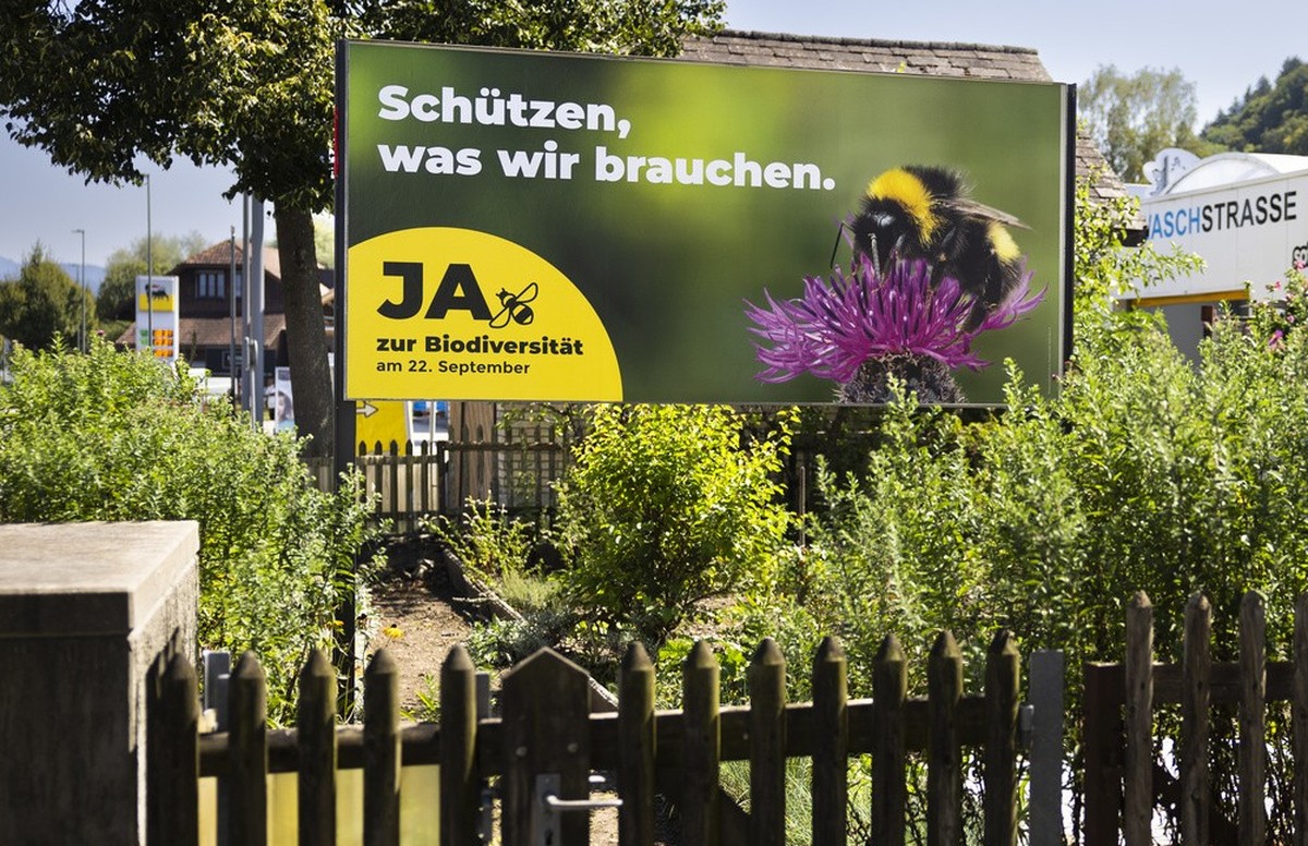Ein Plakat fuer ein Ja zur Biodiversitaetsinitiative steht in einem Garten, am Samstag, 24. August 2024 in Belp. Die Abstimmung findet am 22. September 2024 statt. (KEYSTONE/Peter Klaunzer)