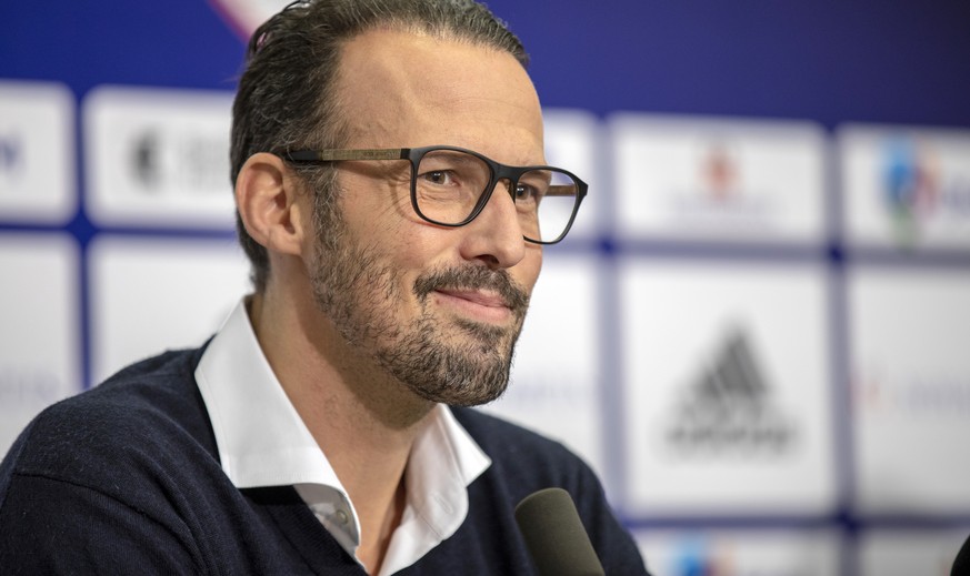 Sportchef Marco Streller spricht an einer Medienkonferenz des FC Basel anaesslich des Abschlusses der Hinrunde der Super League, am Mittwoch, 19. Dezember 2019, im Medien Center des St. Jakob Park Sta ...