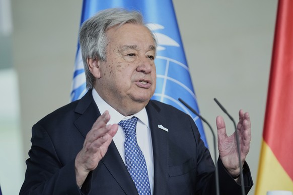 Secretary-General of the United Nations, Antonio Guterres, speaks during a joint press conference with German Chancellor Friedrich Merz, in the chancellory in Berlin, Germany, Wednesday, May 14, 2025. ...