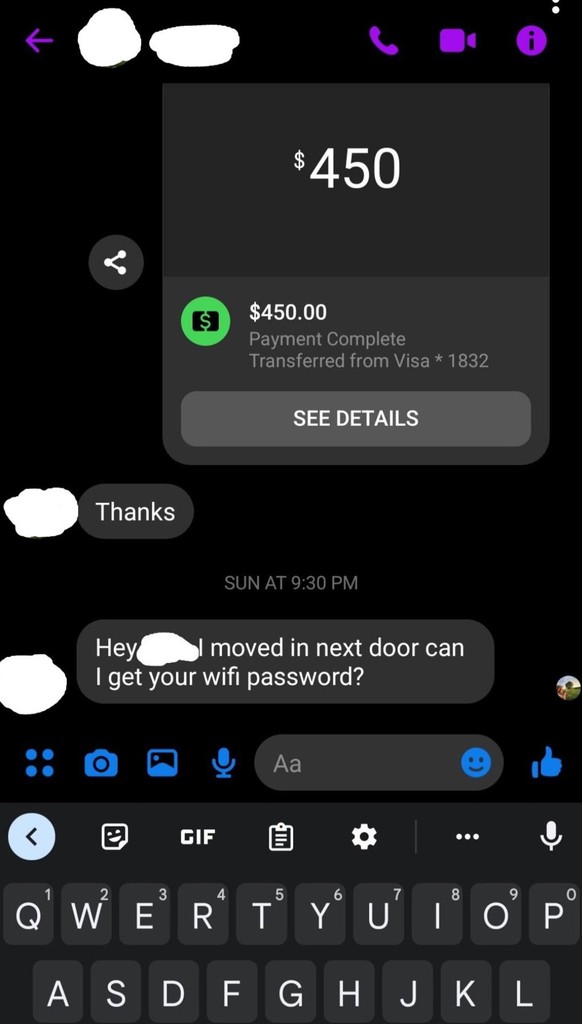 The neighbor asks for the WIFI password