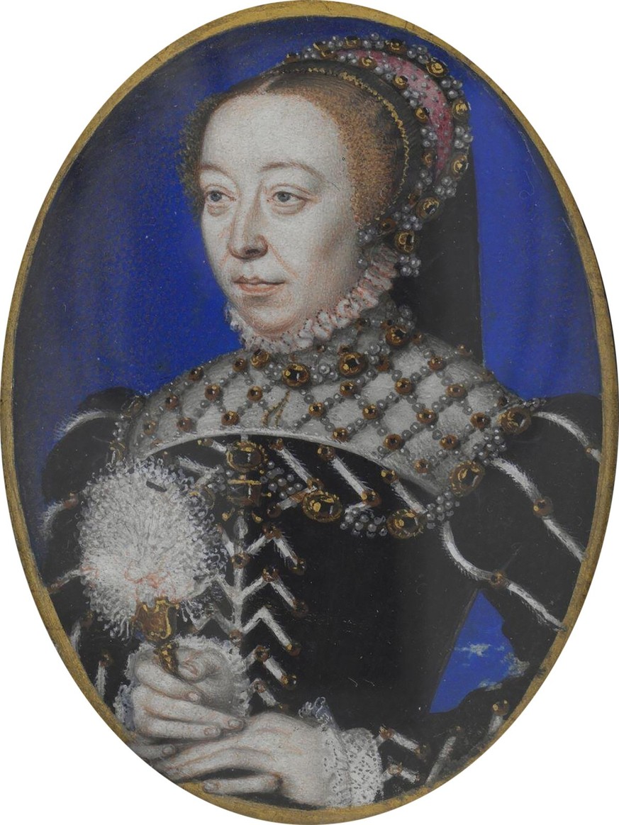 Katharina de Medici mit einem kleinen Federfächer. Miniatur von François Clouet, Frankreich, ca. um 1555.
https://collections.vam.ac.uk/item/O74841/catherine-de-medici-portrait-miniature-clouet-franco ...
