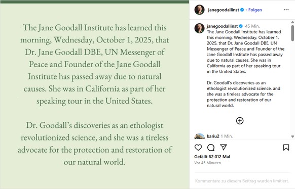 Das Jane Goodall Institut auf Instagram.