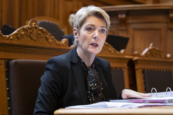 Bundespraesidentin Karin Keller-Sutter spricht waehrend der Wintersession der Eidgenoessischen Raete, am Donnerstag, 18. Dezember 2025 im Staenderat in Bern. (KEYSTONE/Anthony Anex)