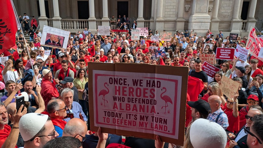 epa13019714 Members of the Albanian community and "Flamingo Revolution" supporters protest against a proposed coastal resort project linked to Jared Kushner, son-in-law of US President Donal ...