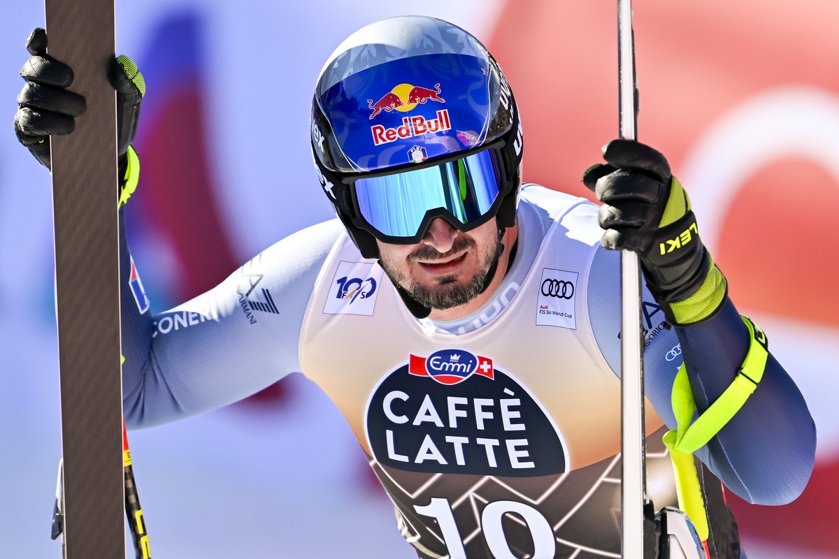 Dominik Paris of Italy reacts in the finish area during the men's downhill race at the Alpine Skiing FIS Ski World Cup in Wengen, Switzerland, Saturday, January 13, 2024. (KEYSTONE/Peter Schneide ...