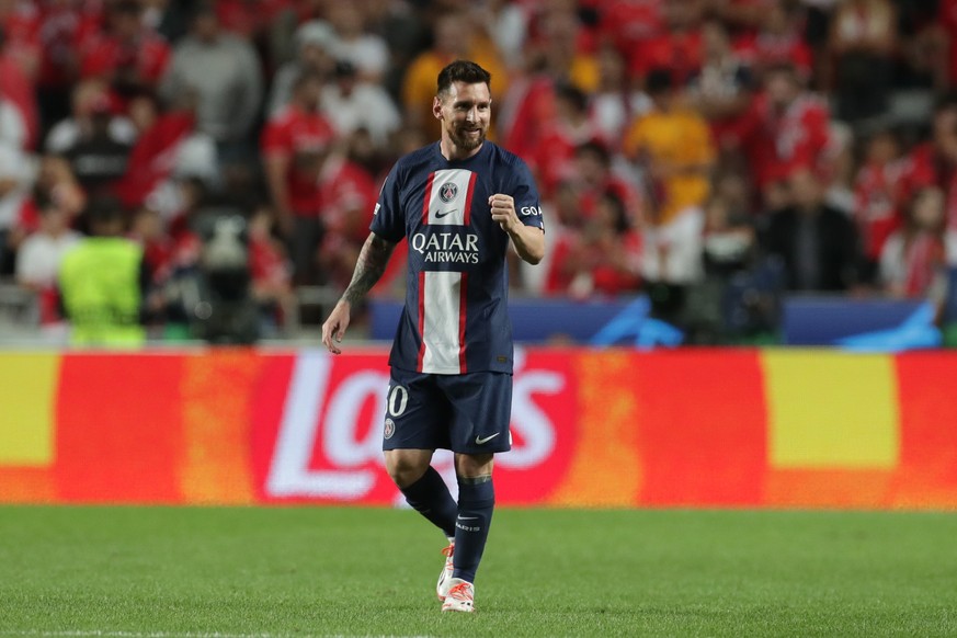 epa10225663 Paris Saint Germain&#039;s Lionel Messi celebrates after scoring the 1-0 lead in the UEFA Champions League Group H match between SL Benfica and Paris Saint Germain at Luz Stadium in Lisbon ...