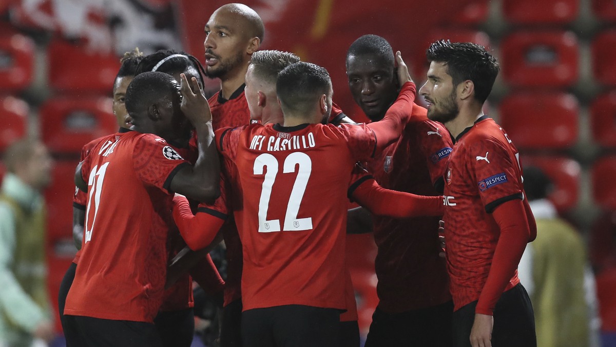 Rennes players celebrate after Rennes' Serhou Guirassy scored his side's opening goal during the Champions League, group E soccer match between Rennes and Krasnodar at the Roazhon Park stadi ...