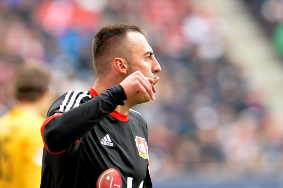 Leverkusen&#039;s Josip Drmic from Switzerland celebrates after scoring during the Bundesliga soccer match between FC Augsburg and Bayer 04 Leverkusen in the SGL Arena in Augsburg, Germany, on Saturda ...