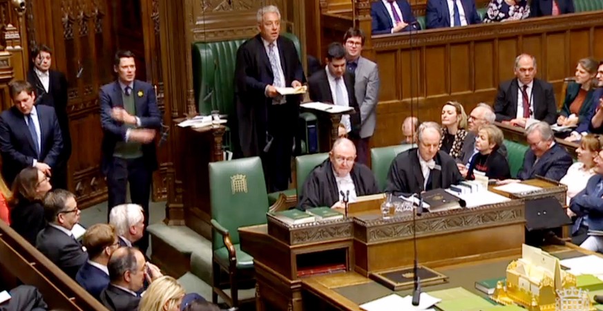 epa07479172 A grab from a handout video made available by the UK Parliamentary Recording Unit shows Speaker of the House of Commons, John Bercow annoucing the result of voting by British Members of Pa ...