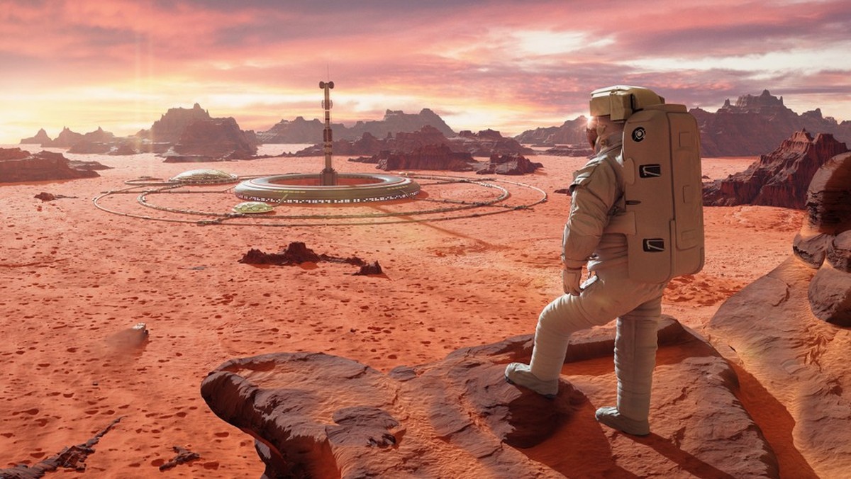 Mars-Kolonie mit Astronaut im Vordergrund.