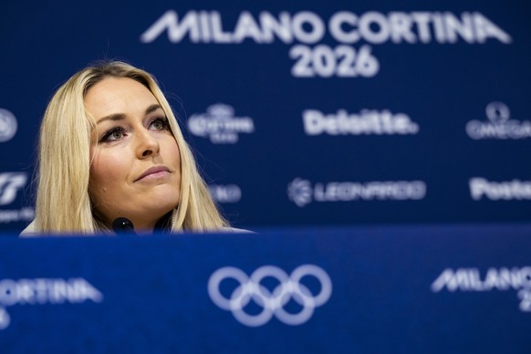 Skier Lindsey Vonn of the United States speaks during a press conference at the 2026 Olympic Winter Games in Cortina d'Ampezzo, Italy, on Tuesday, February 3, 2026. (KEYSTONE/Jean-Christophe Bott ...