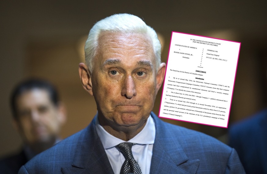 Roger Stone, an associate of US President Donald J. Trump, speaks to the media after answering questions from the House Intelligence Committee&#039;s Russia probe in the US Capitol in Washington, DC,  ...