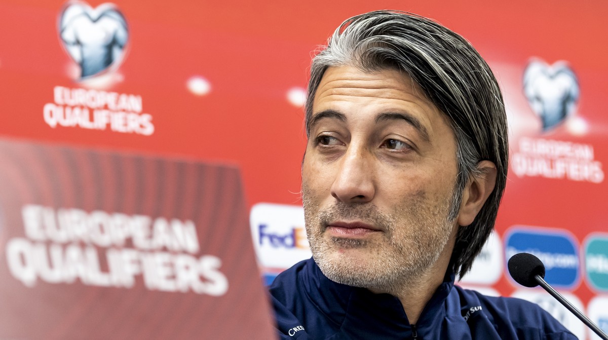 Switzerland's head coach Murat Yakin, reacts during a press conference one day before the 2022 FIFA World Cup European Qualifying Group C soccer match against Lithuania at LFF stadium in Vilnius, ...