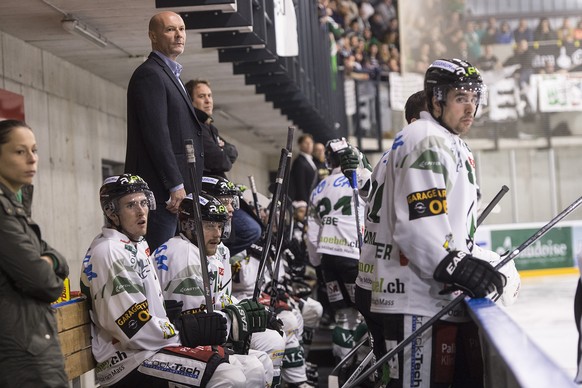 Oltens Assistenztrainer Dino Stecher, links, in der ersten Runde des Swiss Ice Hockey Cup 2014/15 zwischen dem EHC Burgdorf und dem EHC Olten, am Mittwoch, 1. Oktober 2014, in der Localnet-Arena in Bu ...