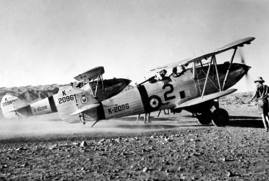FILE - In this photo issued Sunday April 1, 2018, by Britain's Ministry of Defence showing two Hawker Hart light bombers of 39 Squadron at Miranshah on the North West Frontier, Pakistan in 1938, as pa ...