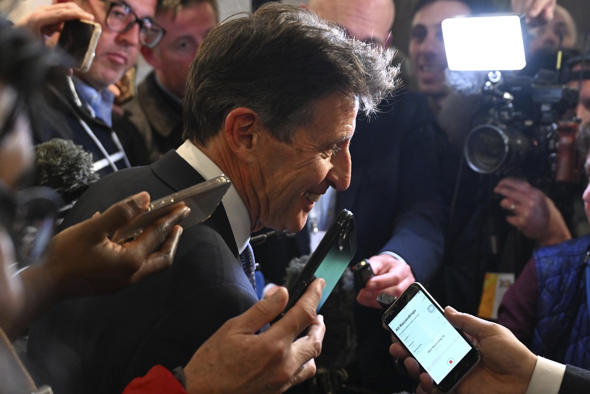 Unsuccessful candidate Sebastian Coe speaks to the media after he failed in his bid to become the new IOC President at the International Olympic Committee 144th session in Costa Navarino, western Gree ...