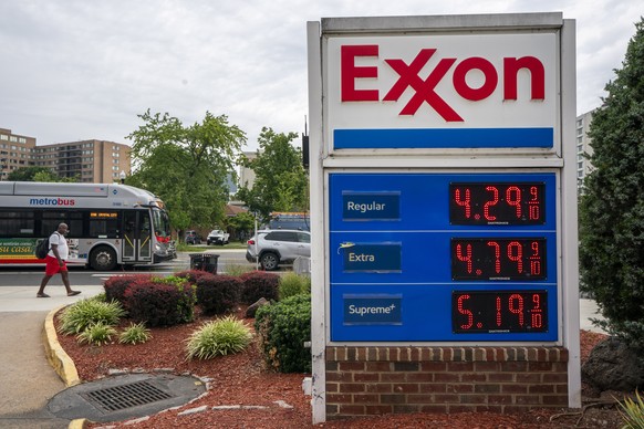epa10793217 Gas prices are displayed at an Exxon station in Arlington, Virginia, USA, 10 August 2023. The rising cost of gas contributed to pushing the annual inflation rate slightly higher in July. T ...