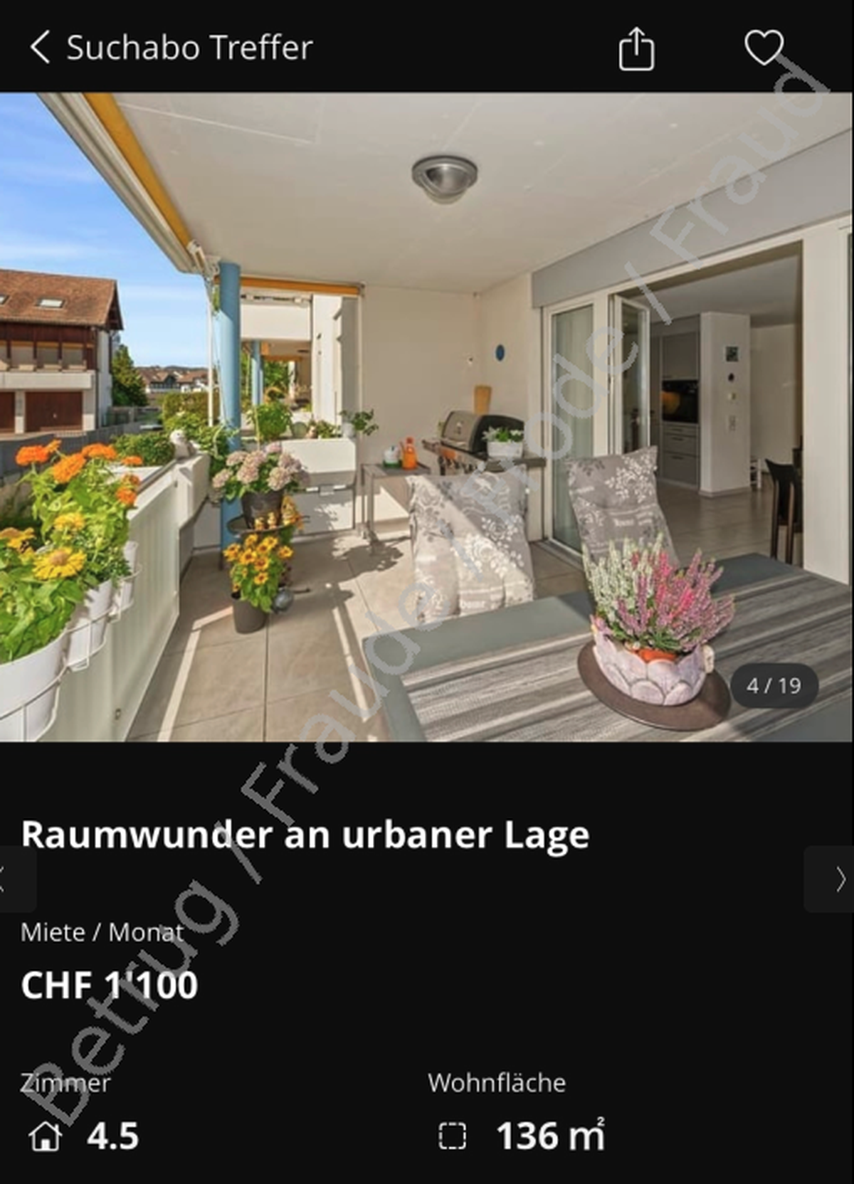 Exemple d'une fausse annonce immobilière en Suisse.