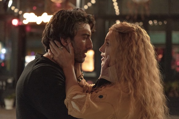This image released by Sony Pictures shows Justin Baldoni, left, and Blake Lively in a scene from &quot;It Ends With Us.&quot; (Nicole Rivelli/Sony Pictures via AP)