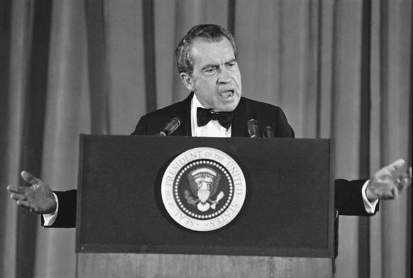 FILE - President Richard Nixon tells a group of Republican campaign contributors, he will get to the bottom of the Watergate scandal during a speech on May 9, 1973 in Washington. (AP Photo/John Durick ...