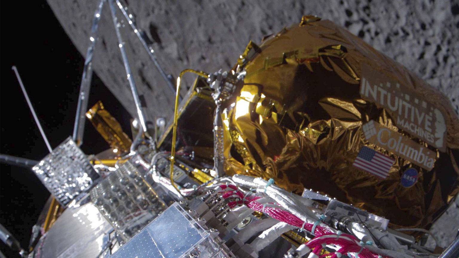 This image provided by Intuitive Machines shows its Odysseus lunar lander over the near side of the moon following lunar orbit insertion on Wednesday, Feb. 21, 2024. (Intuitive Machines via AP)