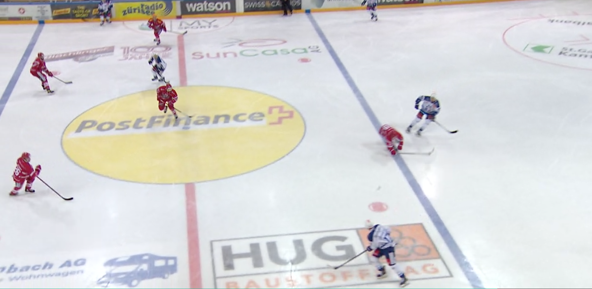 Bei Rapperswil (rot) macht im Idealfall ein Mann Druck auf den scheibenführenden Spieler, die anderen stellen die neutrale Zone zu.