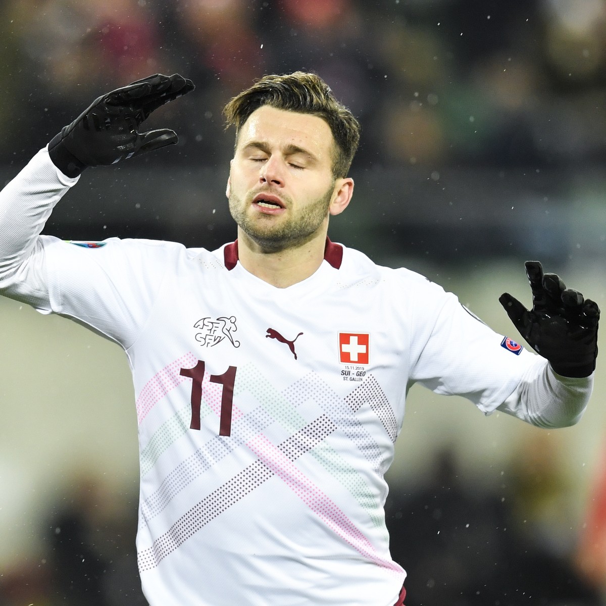 Switzerland's midfielder Renato Steffen reacts after a missed chance during the UEFA Euro 2020 qualifying Group D soccer match between Switzerland and Georgia at the Kybunpark stadium in St. Gall ...