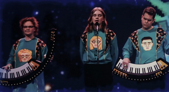 Dadi og Gagnamagnid from Iceland perform via video link during rehearsals at the Eurovision Song Contest at Ahoy arena in Rotterdam, Netherlands, Wednesday, May 19, 2021. A member of Dadi og Gagnamagn ...