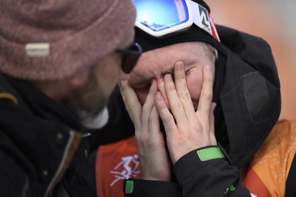 Andri Ragettli of Switzerland reacts after the men Freestyle Skiing Slopestyle finals in the Phoenix Snow Park during the XXIII Winter Olympics 2018 in Pyeongchang, South Korea, on Sunday, February 18 ...