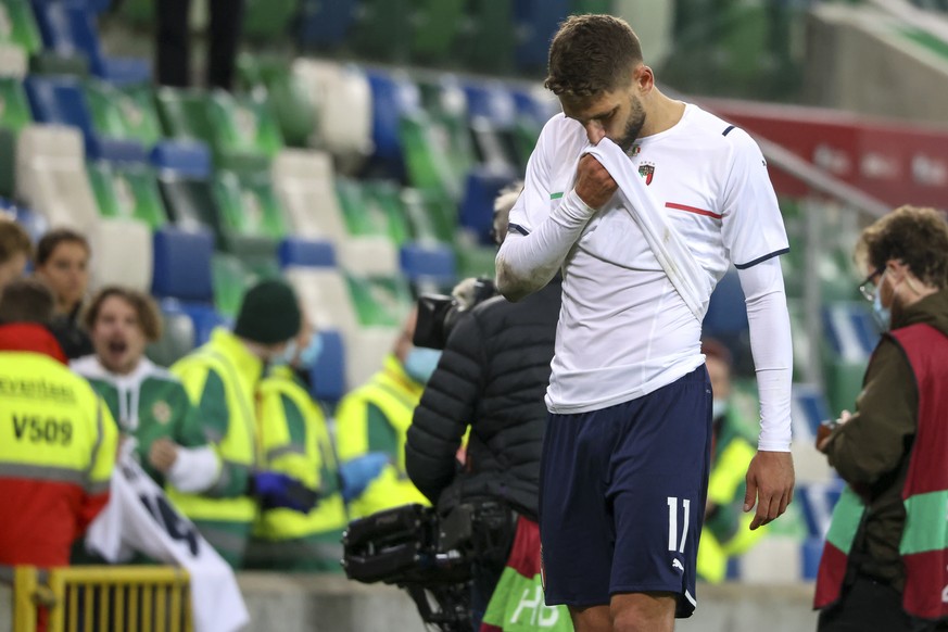 Domenico Berardi of Italy reacts following their World Cup 2022 group C qualifying soccer match between Northern Ireland and Italy at Windsor Park stadium in Belfast, Northern Ireland, Monday, Nov. 15 ...