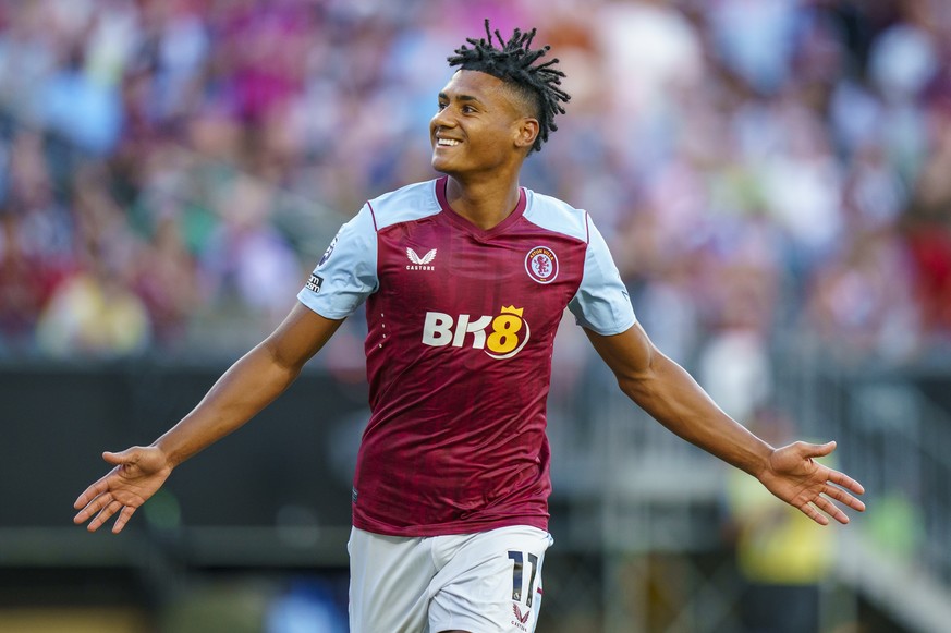 Aston Villa&#039;s Ollie Watkins reacts after his goal during the first half of an English Premier League Summer Series soccer match against Newcastle United, Sunday, July 23, 2023 in Philadelphia. (A ...
