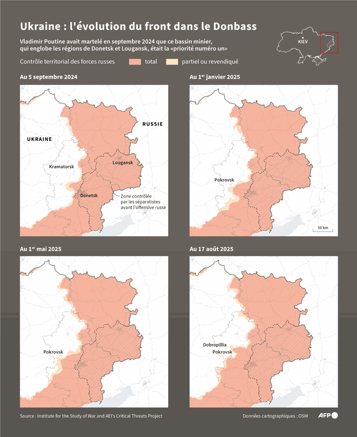 Cartes montrant l'évolution des zones contrôlées par les forces russes dans le Donbass, à quatre dates entre le 5 septembre 2024 et le 17 août 2025.