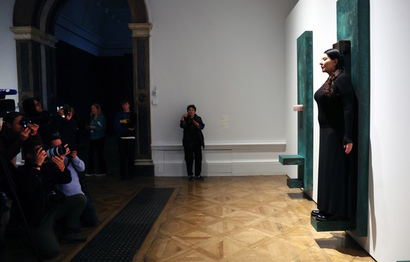 epa10869276 Serbian conceptual artist and performer Marina Abramovic poses for photographs during the launch of her exhibit at the Royal Academy of Arts (R&amp;A) in London, Britain, 19 September 2023 ...