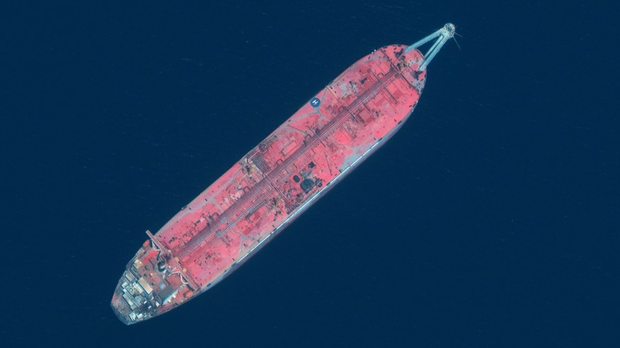 FILE - This satellite image provided by Maxar Technologies shows the FSO Safer tanker moored off Ras Issa port, Yemen on June 17, 2020. An agreement has been reached in principle on a U.N.-coordinated ...