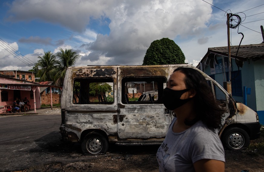 epa09253959 A view of the scene of the attacks by criminal groups in the city of Manaus, Brazil, 07 June 2021. The government of the Brazilian state of Amazonas (north) requested the dispatch of agent ...